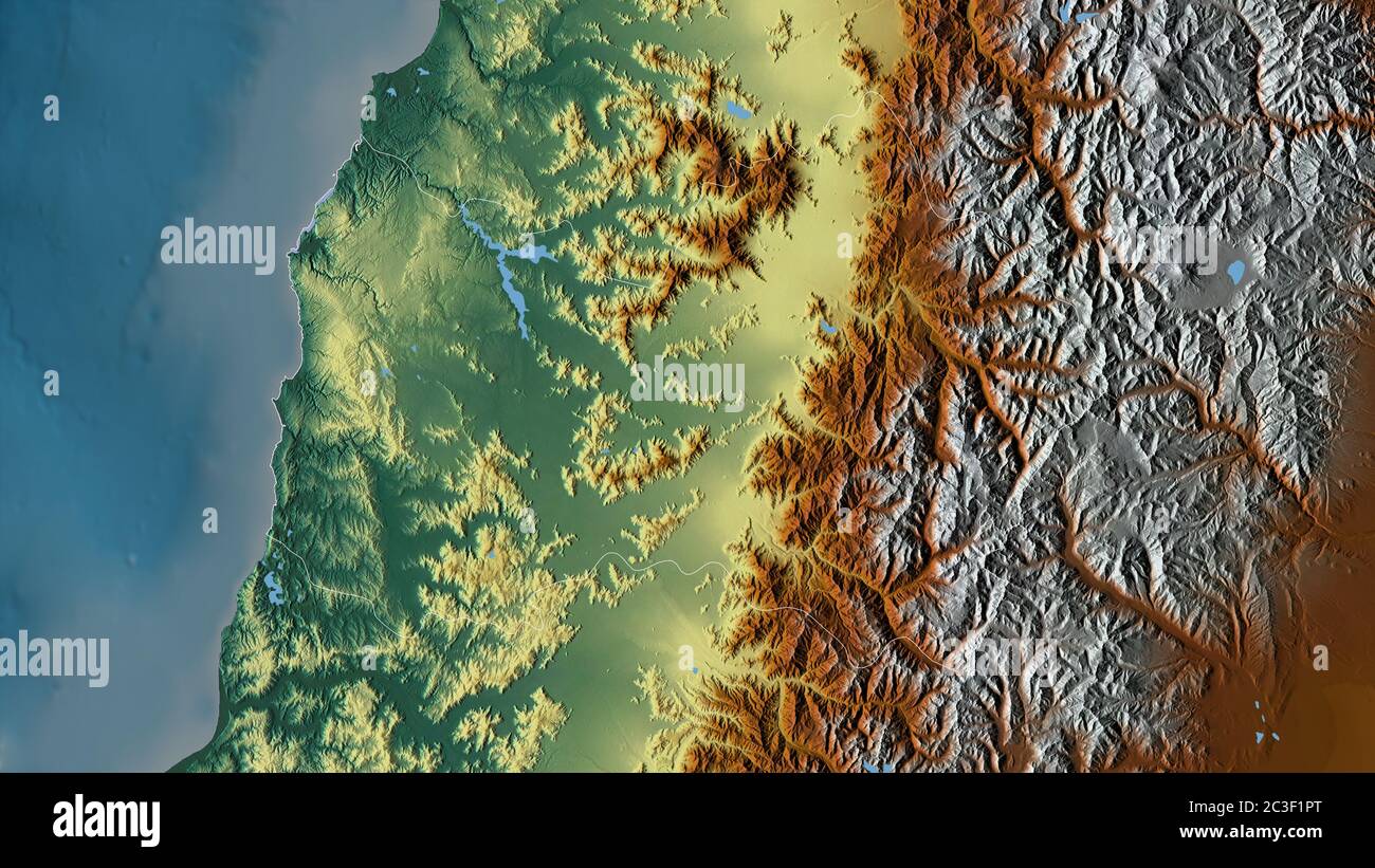 Libertador General Bernardo O'Higgins, region of Chile. Colored relief with lakes and rivers. Shape outlined against its country area. 3D rendering Stock Photo