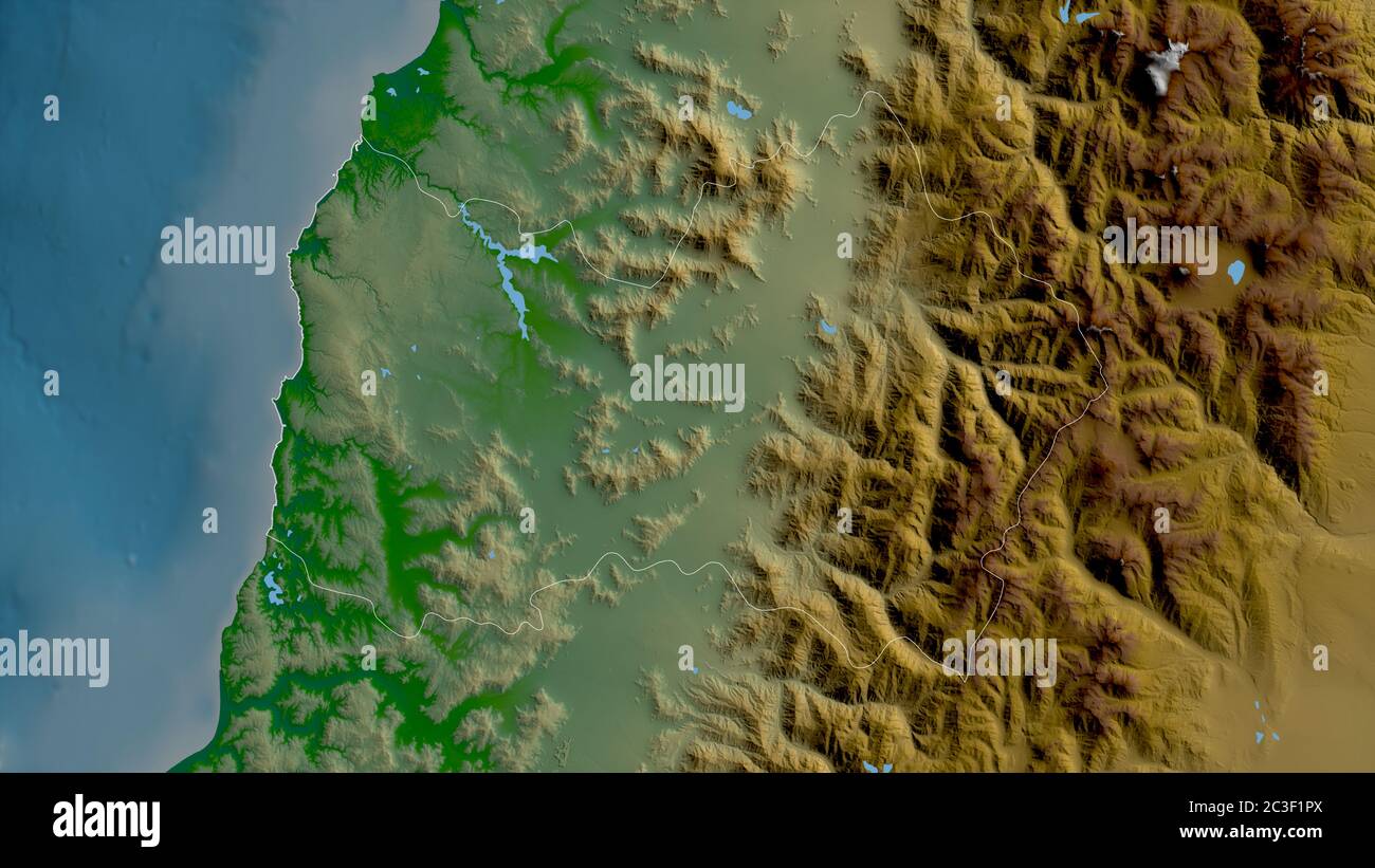 Libertador General Bernardo O'Higgins, region of Chile. Colored shader data with lakes and rivers. Shape outlined against its country area. 3D renderi Stock Photo