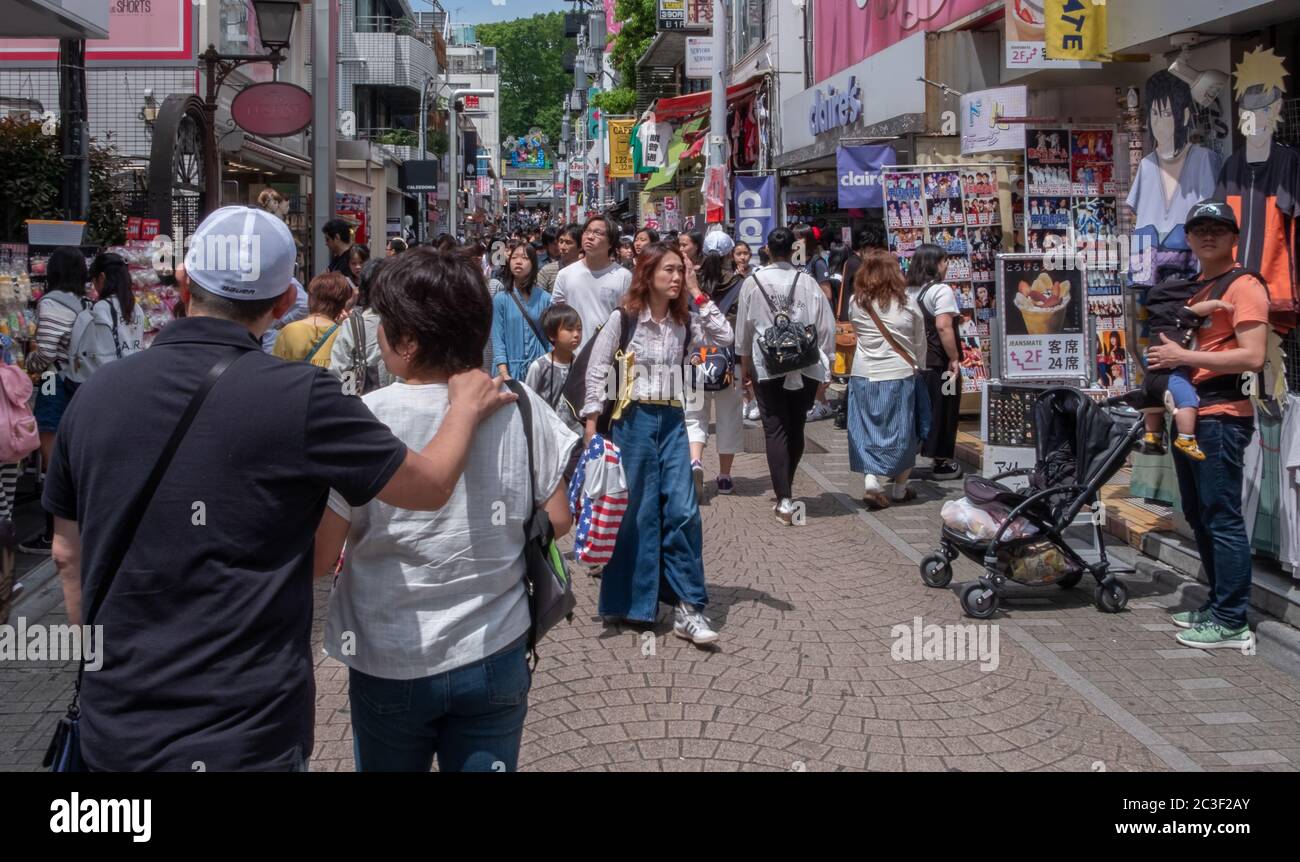 Huge crowd of people at Takeshita street, a popular hang out with Japanese teenagers, Harajuku, Tokyo, Japan Stock Photo