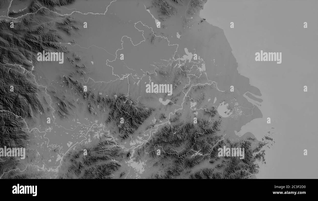 Anhui, province of China. Grayscaled map with lakes and rivers. Shape outlined against its country area. 3D rendering Stock Photo