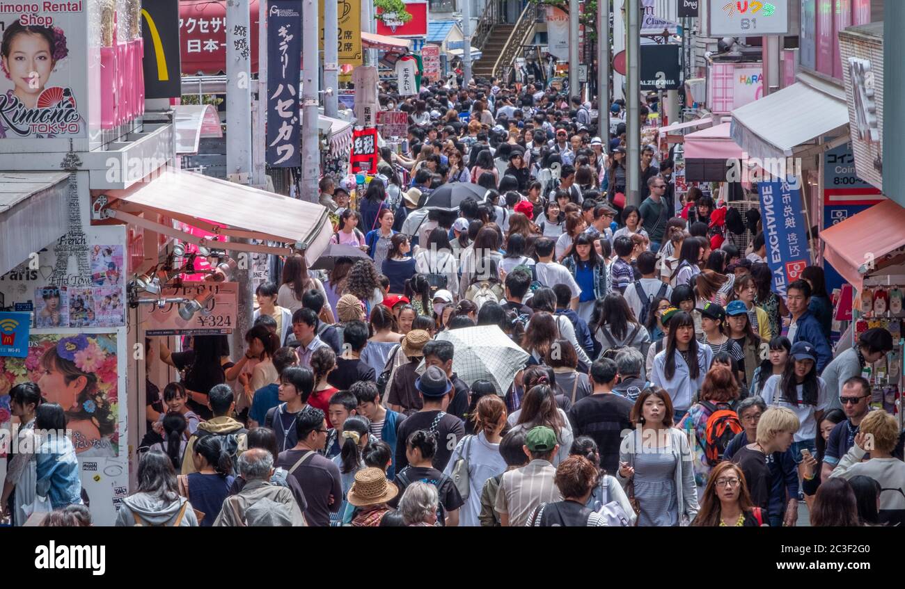 Huge crowd of people at Takeshita street, a popular hang out with Japanese teenagers, Harajuku, Tokyo, Japan Stock Photo