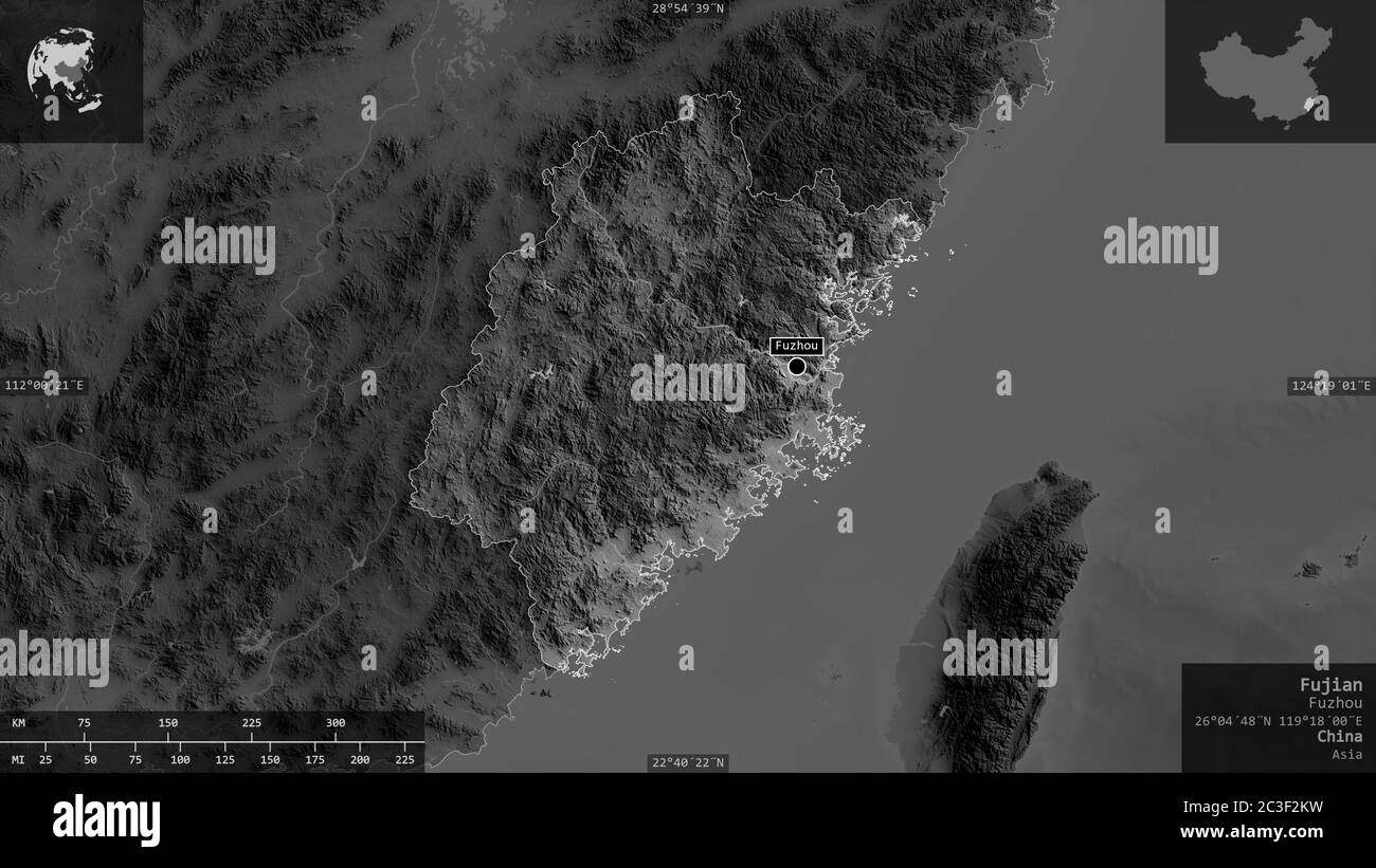 Fujian, province of China. Grayscaled map with lakes and rivers. Shape presented against its country area with informative overlays. 3D rendering Stock Photo