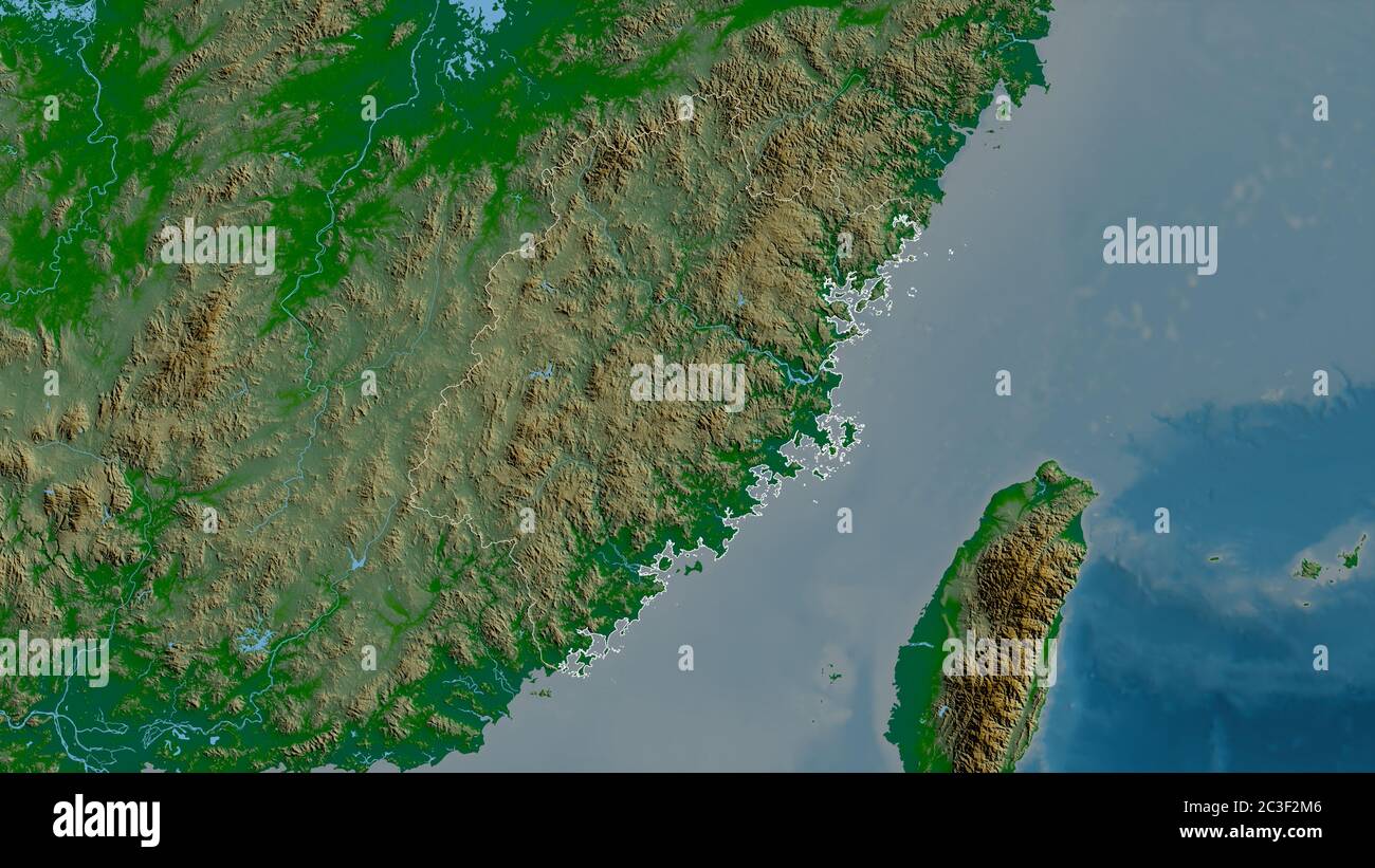 Fujian, province of China. Colored shader data with lakes and rivers. Shape outlined against its country area. 3D rendering Stock Photo