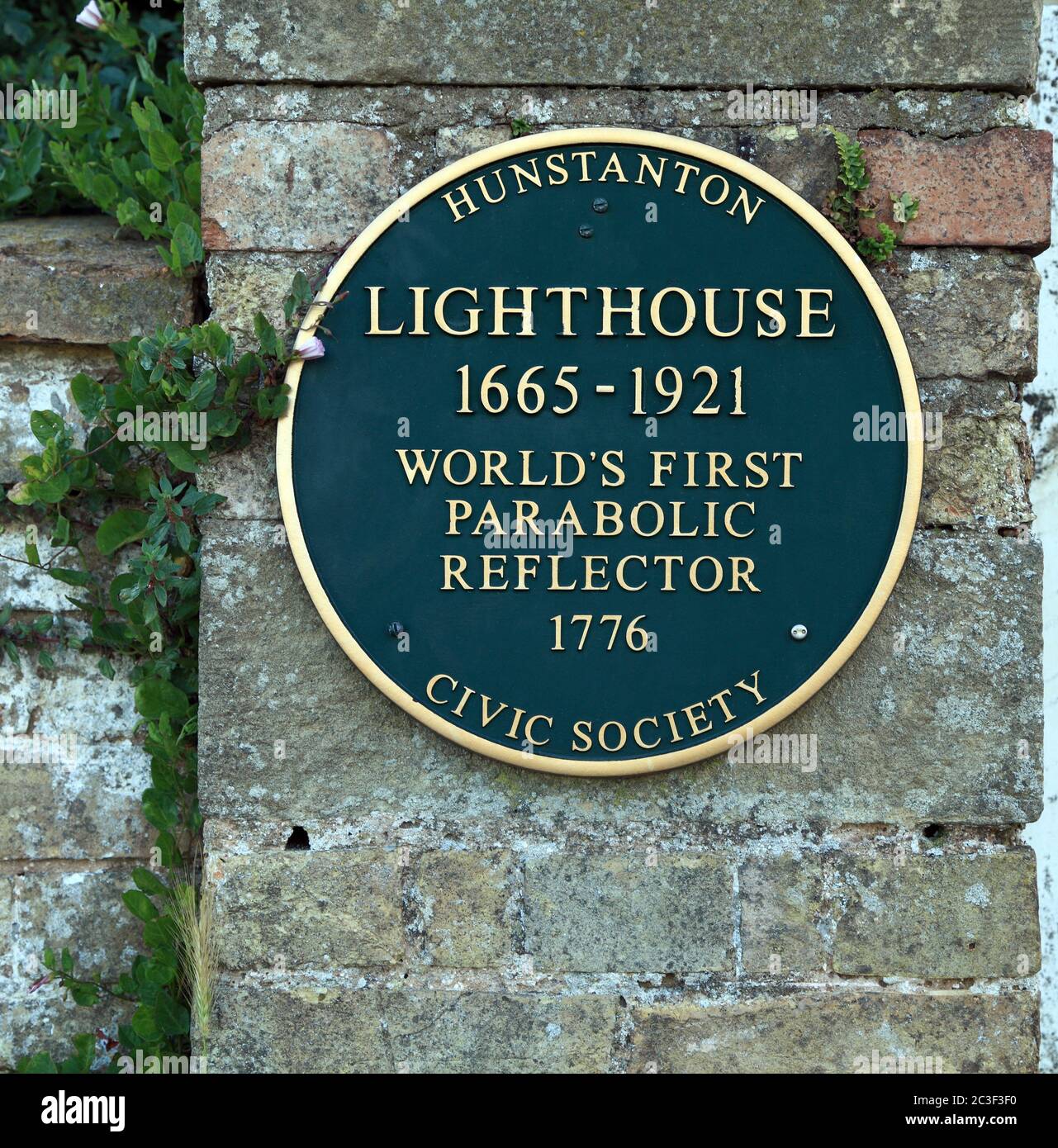 Hunstanton Lighthouse, Civic Society sign, Norfolk, England, UK Stock Photo
