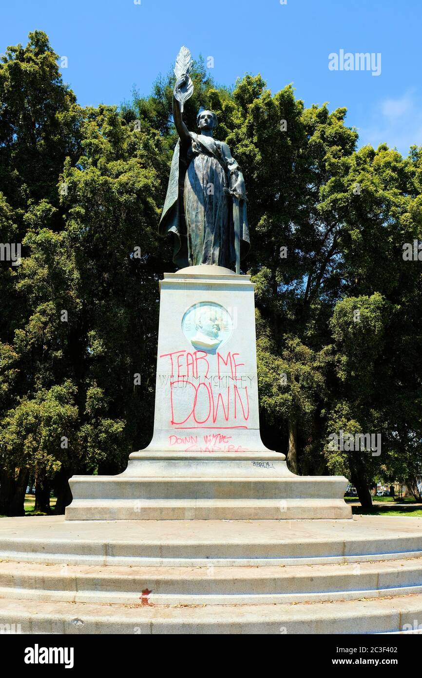 The William McKinley monument spray painted with "Tear me down, Down