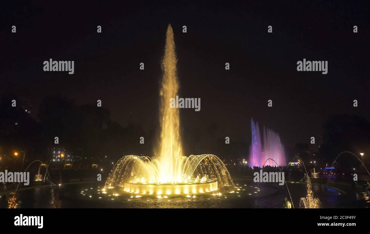 wide angle night shot of the magic fountain at park of the reserve in lima Stock Photo