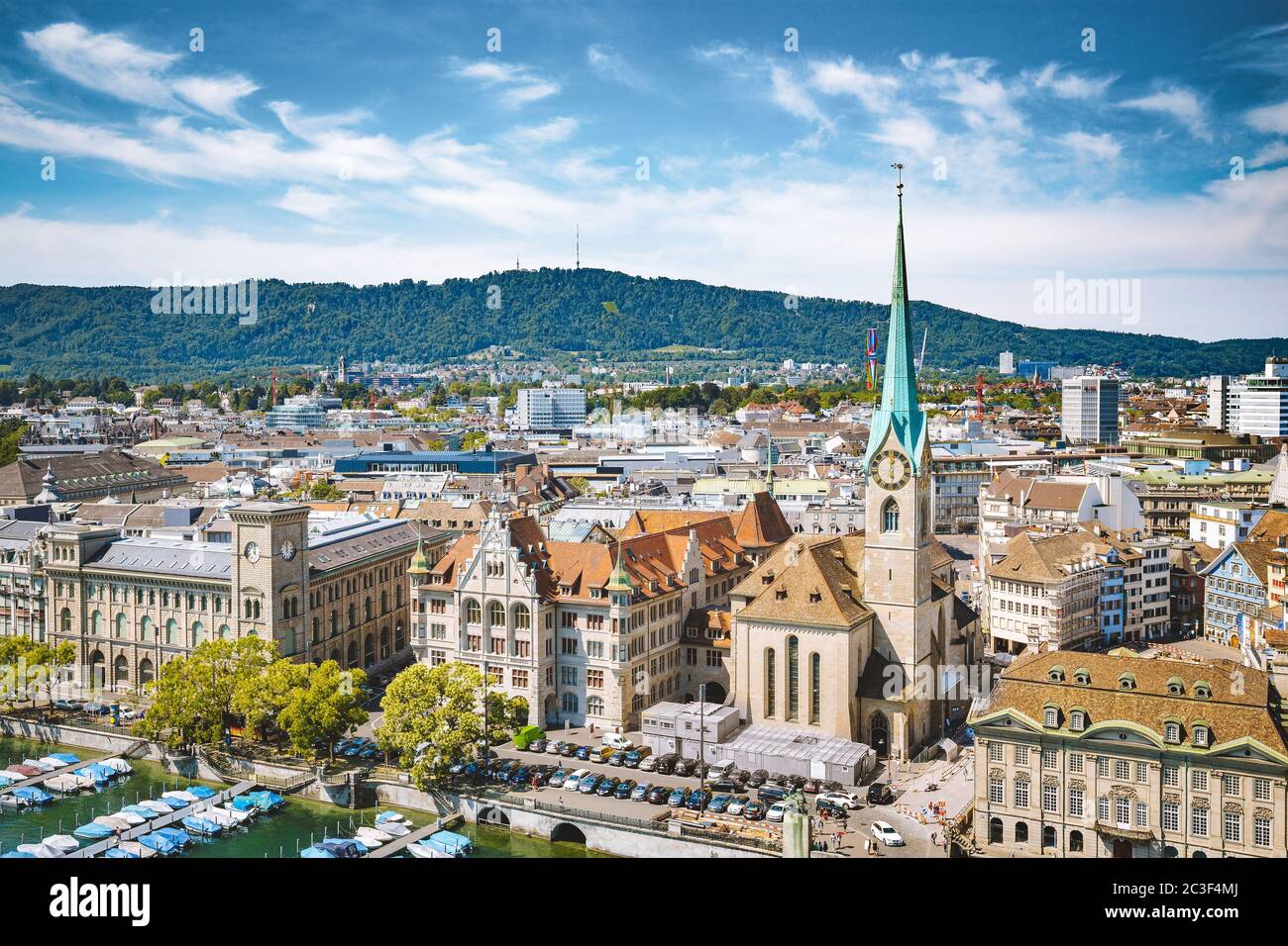 Aerial panoramic view of Zürich city center with famous Fraumünster Church and river Limmat at Lake Zürich from Grossmünster Church, Zürich Stock Photo