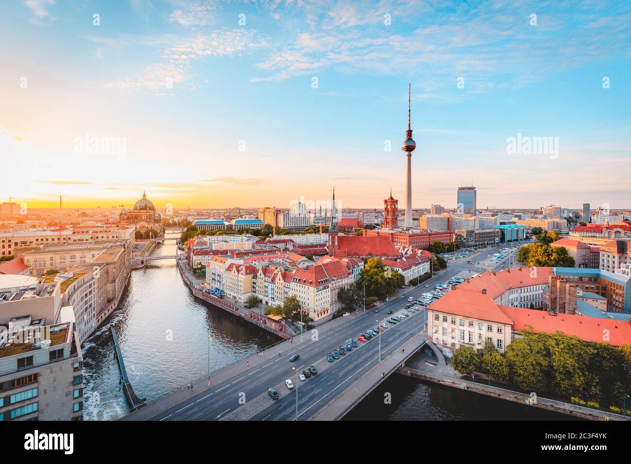 Classic view of Berlin skyline with famous TV tower and Spree in beautiful golden evening light at sunset, central Berlin Mitte, Germany Stock Photo