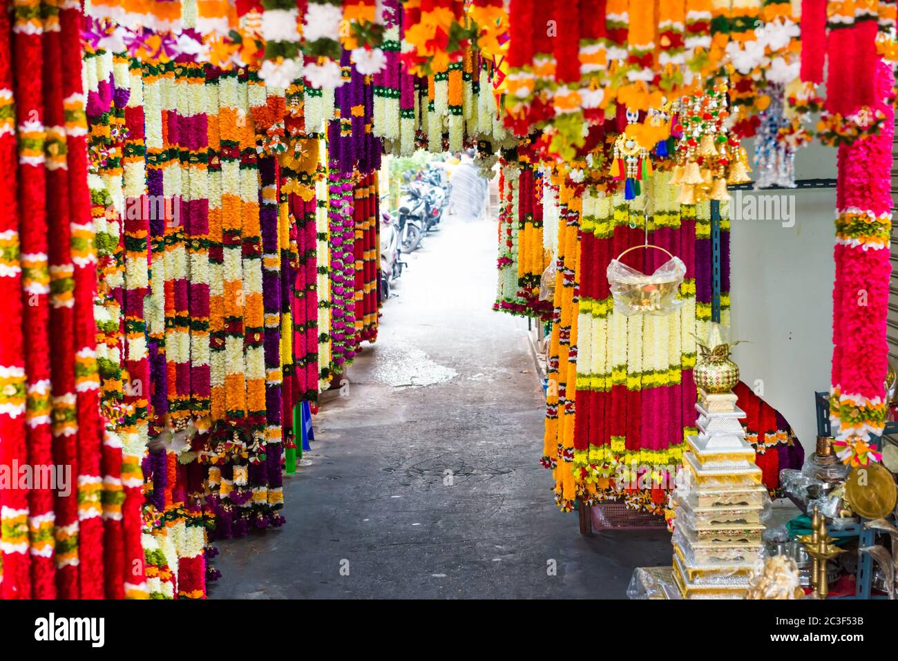 Indian garlands of colorful flowers for temple Stock Photo