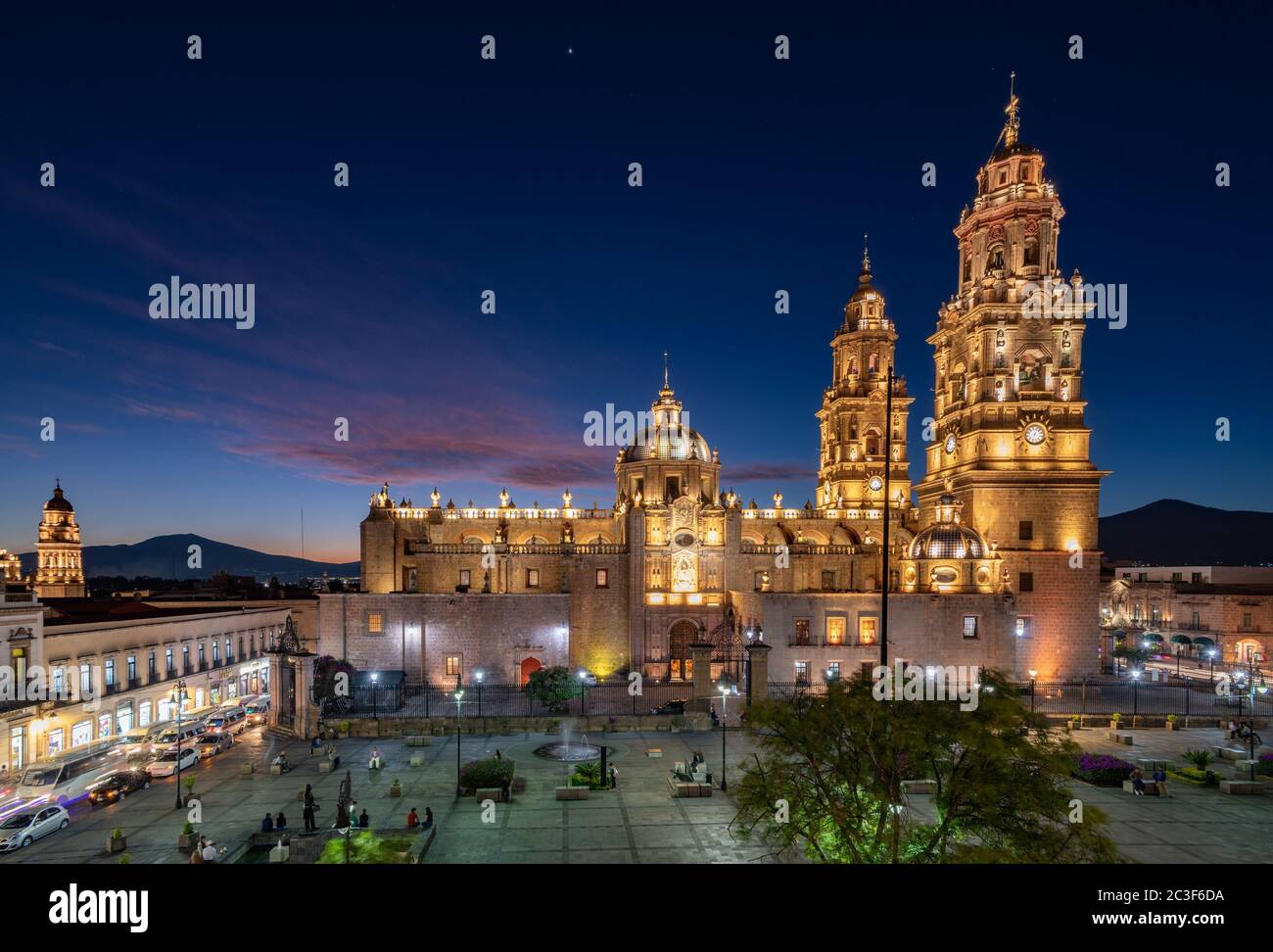 Sunset view of Morelia Cathedral, Michoacan, Mexico. Stock Photo