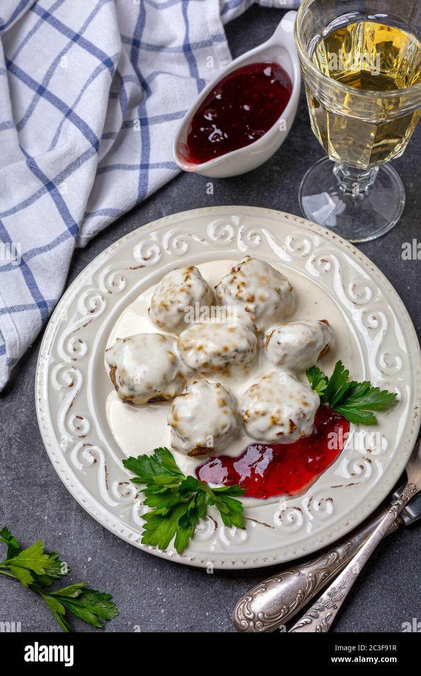 Traditional Swedish meatballs with cream sauce Stock Photo Alamy