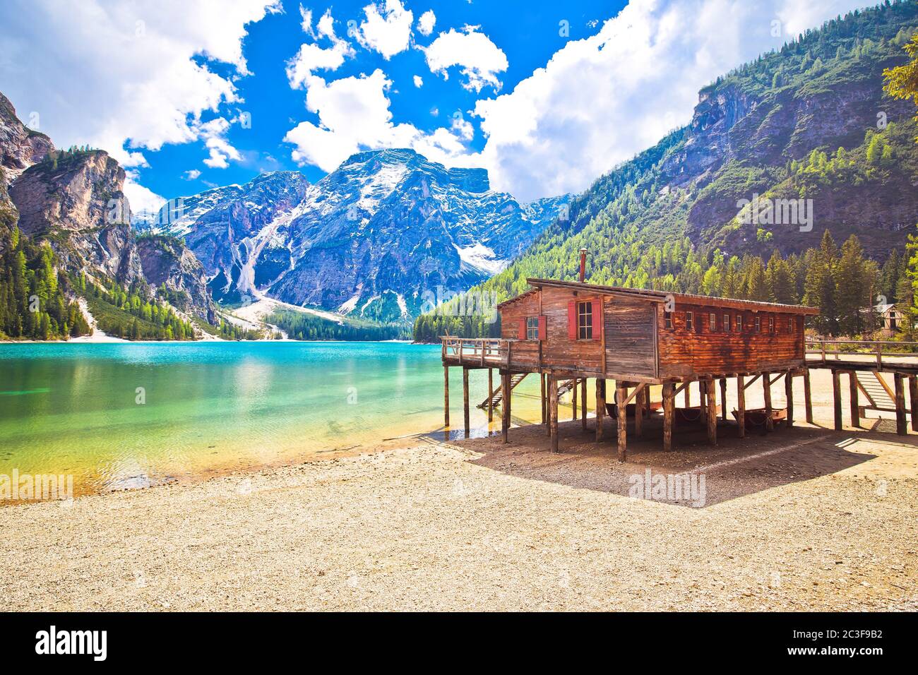 Braies lake in Dolomite Apls idyllic landscape view Stock Photo