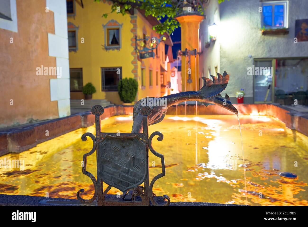 Town of Kastelruth or Castelrotto fountain and street evening view Stock Photo