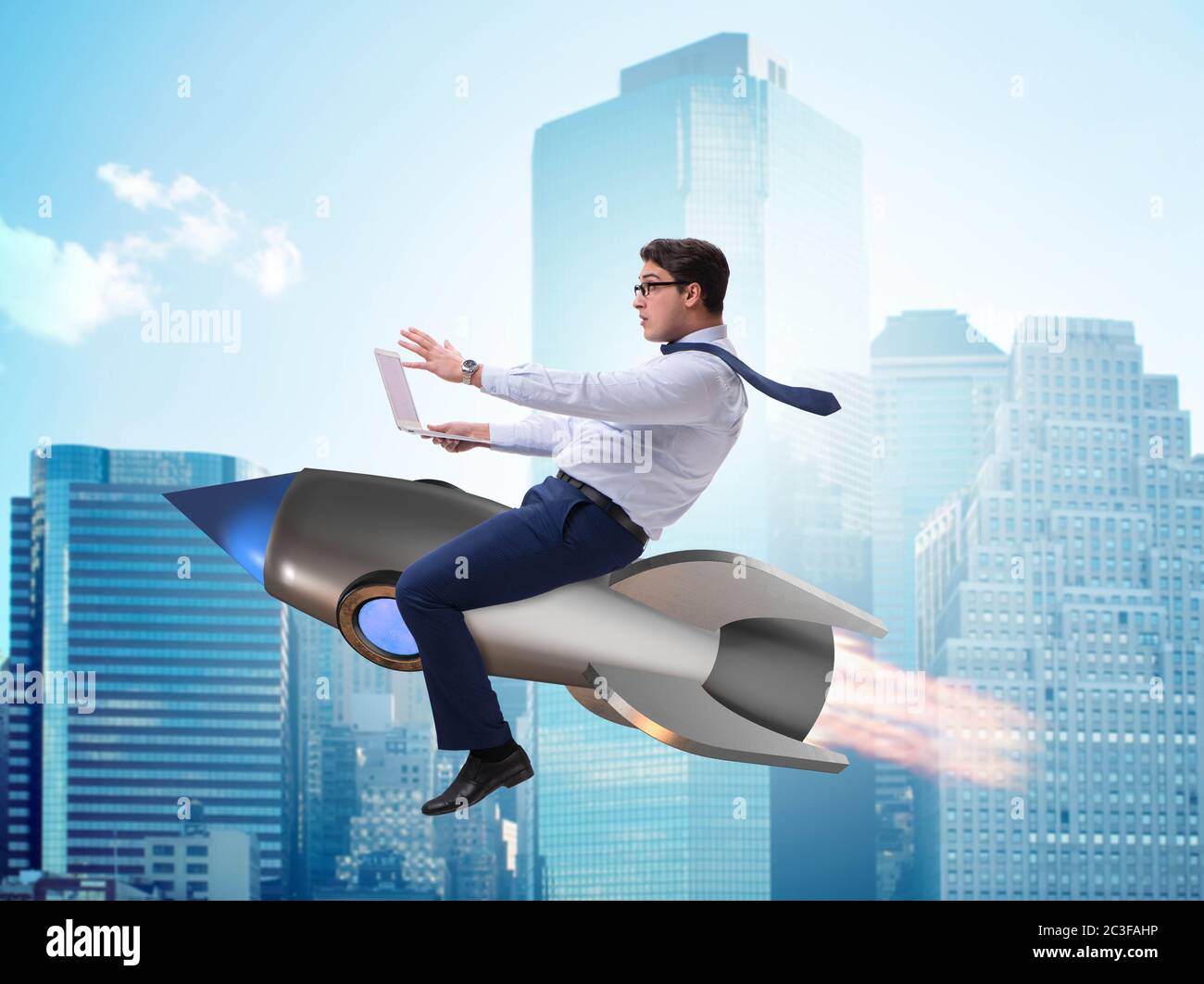 Businessman flying on rocket in business concept Stock Photo - Alamy