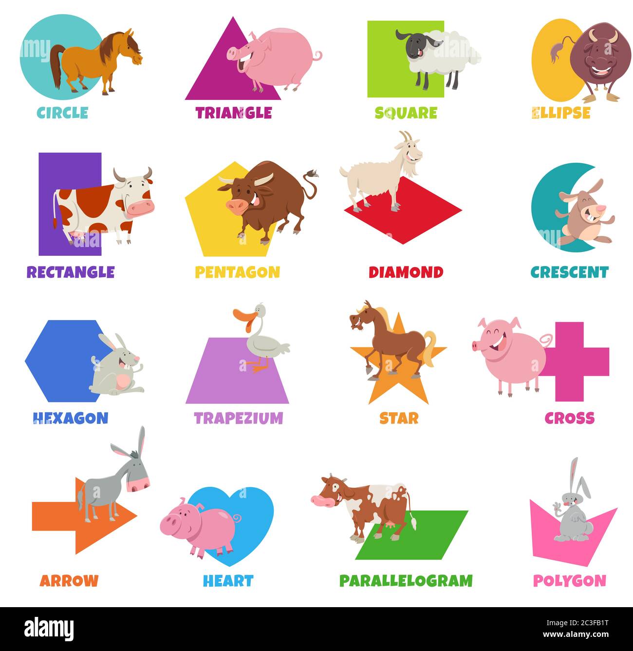 geometric shapes with cartoon farm animals set Stock Photo