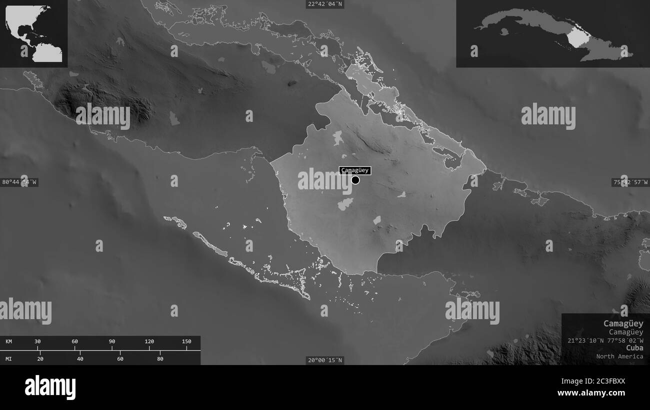 Camagüey, province of Cuba. Grayscaled map with lakes and rivers. Shape ...