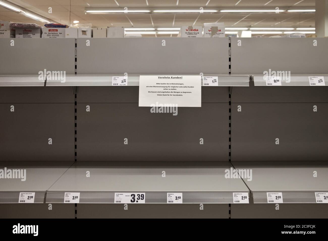 Empty shelves in a supermarket, hamster purchases, coronavirus, April 2020, Inden, Germany, Europe Stock Photo