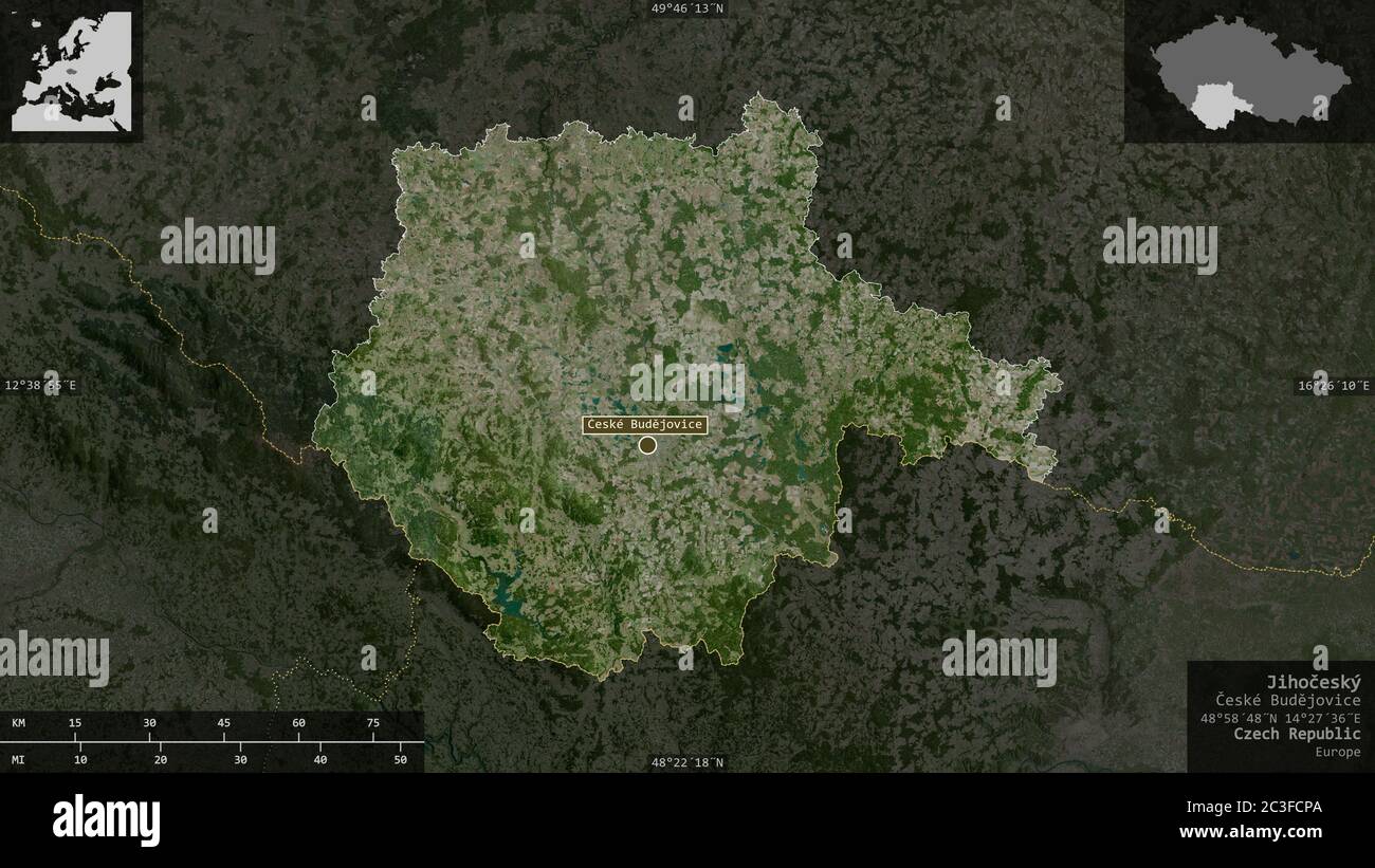 Jihočeský, region of Czech Republic. Satellite imagery. Shape presented against its country area with informative overlays. 3D rendering Stock Photo
