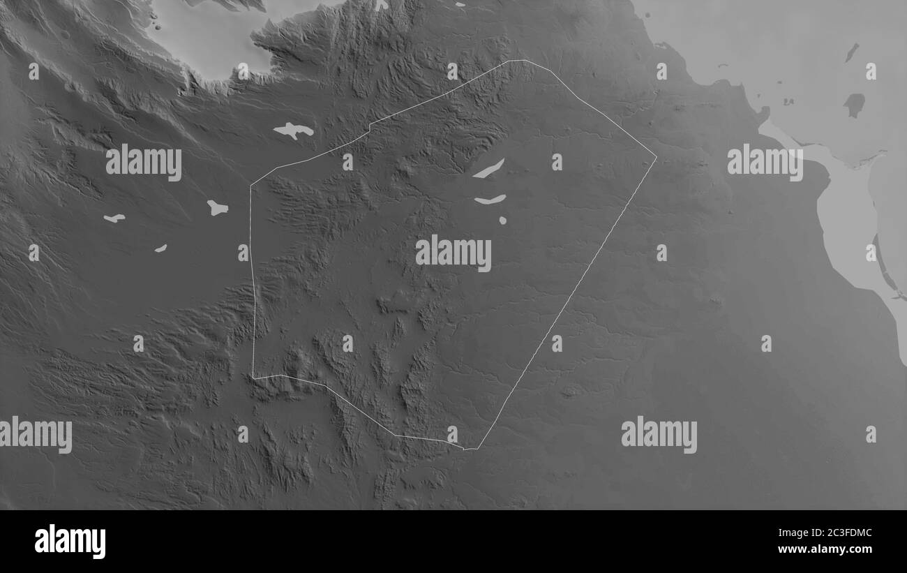 Ali Sabieh, region of Djibouti. Grayscaled map with lakes and rivers
