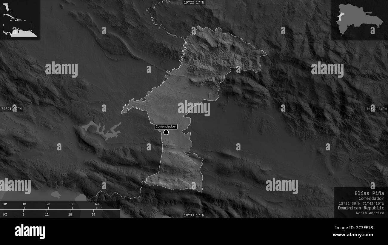 Elías Piña, province of Dominican Republic. Grayscaled map with lakes ...