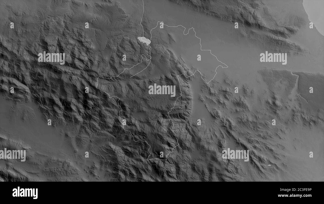 La Vega, province of Dominican Republic. Grayscaled map with lakes and rivers. Shape outlined