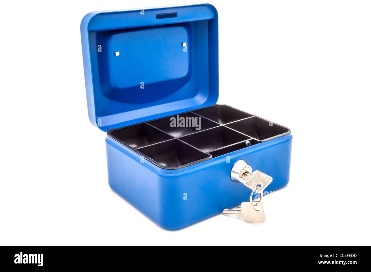 Open blue safe with a key on a white background Stock Photo
