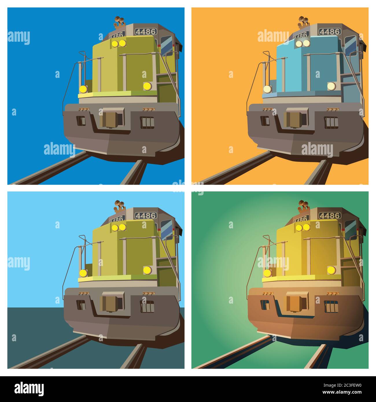 stylized vector illustration on the theme of railway transport. locomotive in different colors Stock Vector