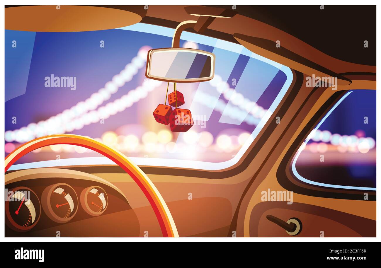 Vector illustration on the theme of cars and travel. vehicle interior and great views of the bridge at night Stock Vector