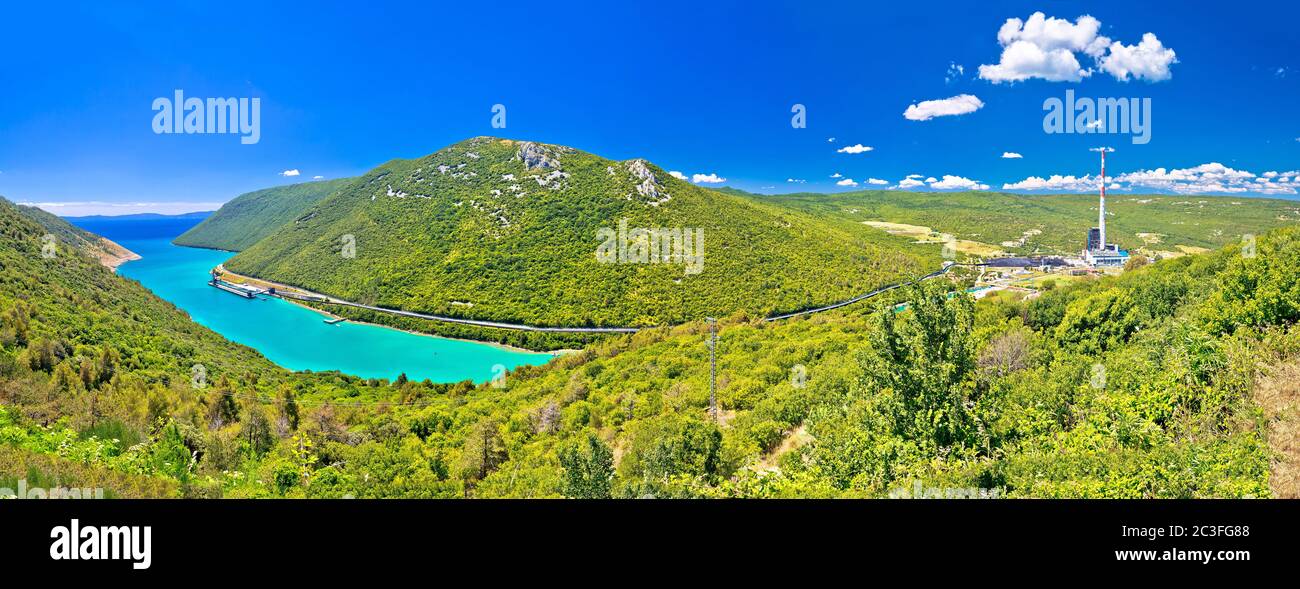 Plomin valley and bay power plant in green landscape  highest croatian chimney panoramic view Stock Photo