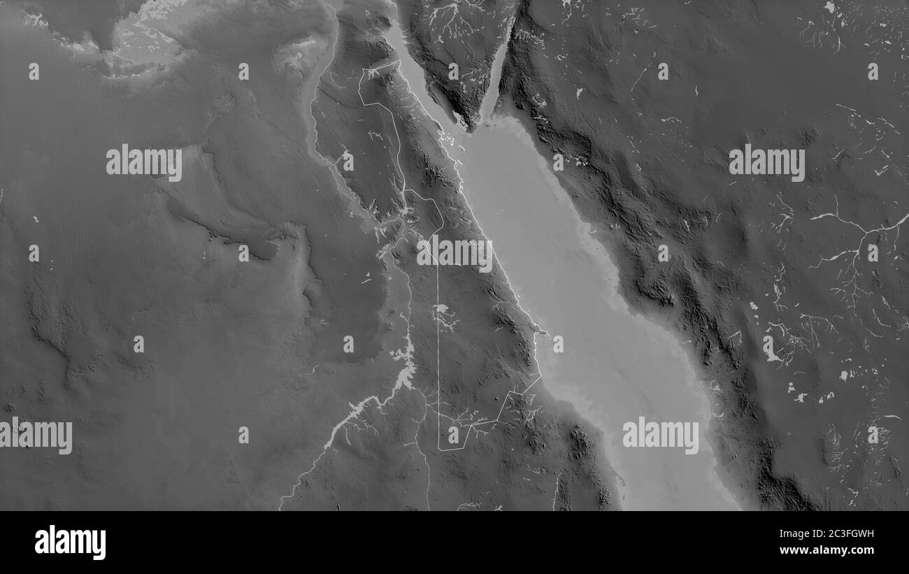 Al Bahr al Ahmar, governorate of Egypt. Grayscaled map with lakes and rivers. Shape outlined against its country area. 3D rendering Stock Photo