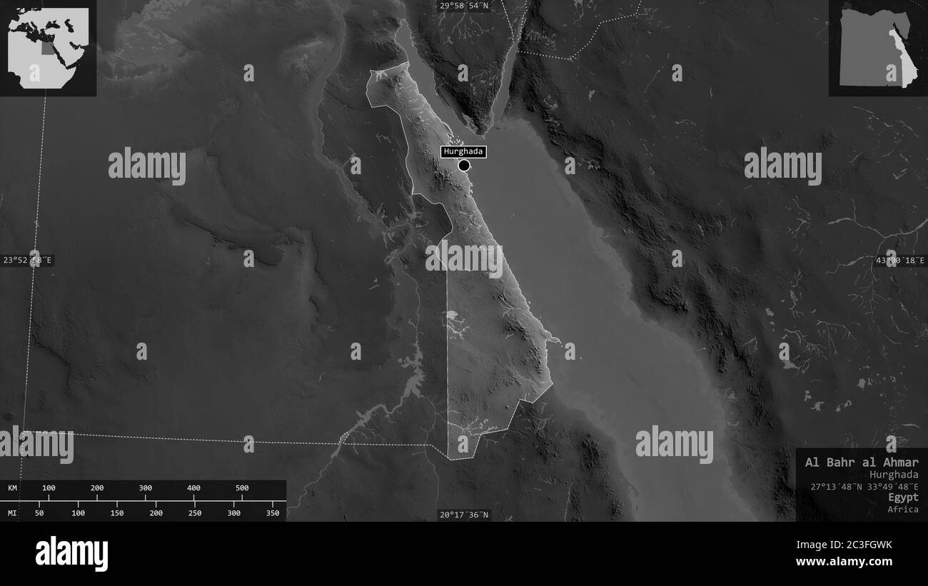 Al Bahr al Ahmar, governorate of Egypt. Grayscaled map with lakes and rivers. Shape presented against its country area with informative overlays. 3D r Stock Photo