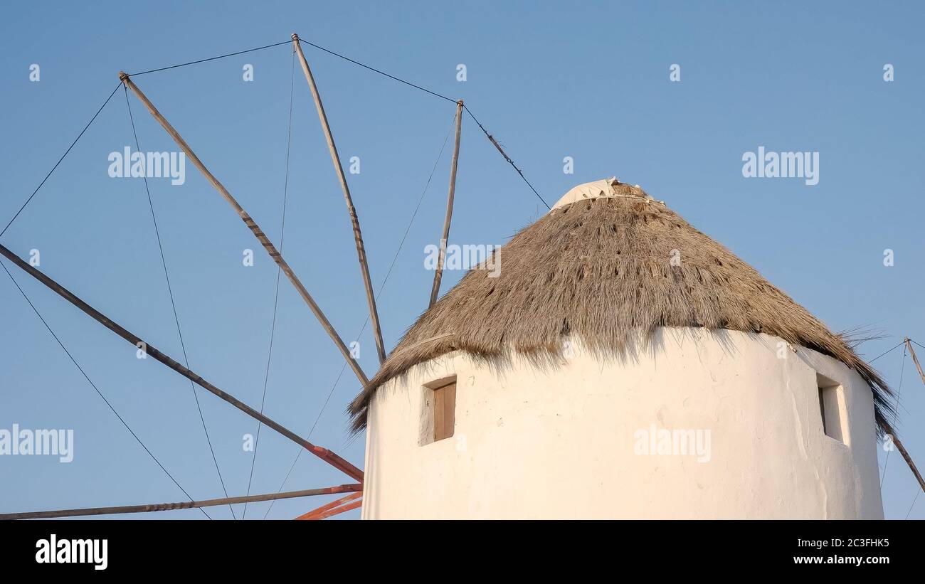 close up of a famous old windmill on mykonos, greece Stock Photo