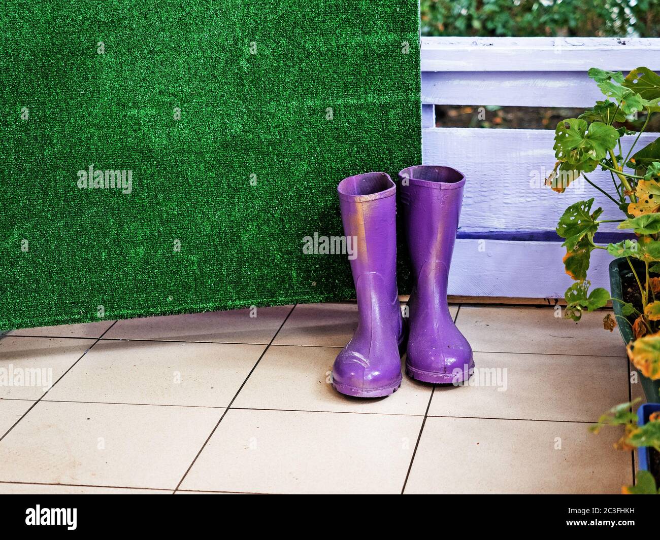 Two purple wellingtons stand on the green door on the street Stock Photo