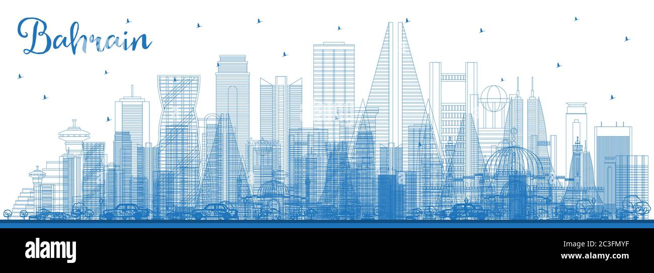 Outline Bahrain City Skyline with Blue Buildings. Vector Illustration. Business Travel and Tourism Concept with Modern Architecture. Stock Vector