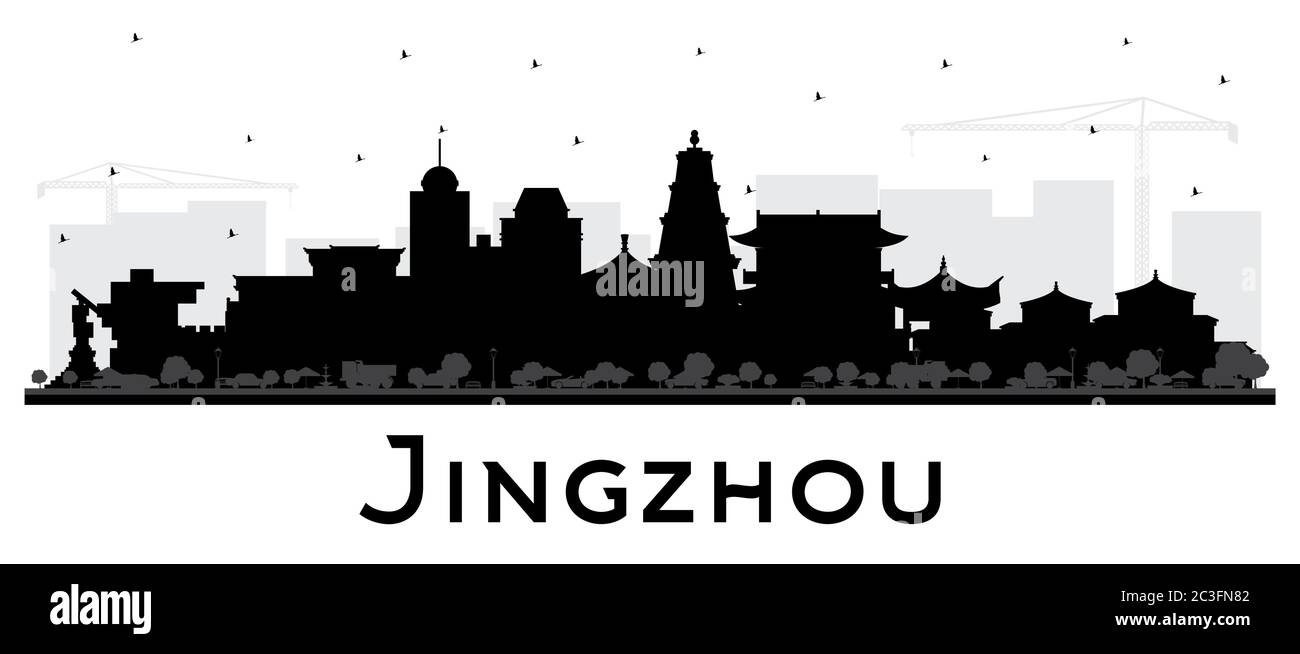 Jingzhou China City Skyline Silhouette with Black Buildings Isolated on White. Vector Illustration. Business Travel and Tourism Concept. Stock Vector