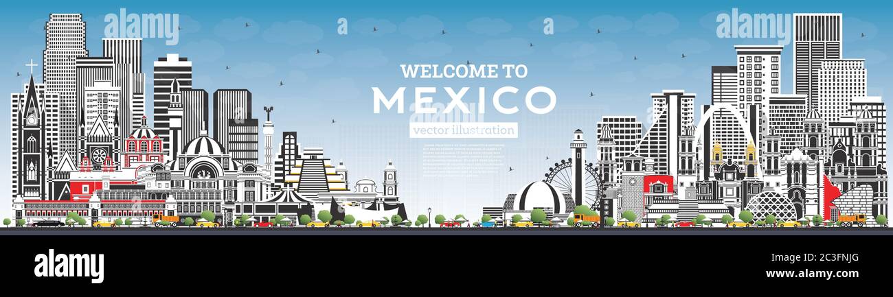 Welcome to Mexico City Skyline with Gray Buildings and Blue Sky. Vector ...