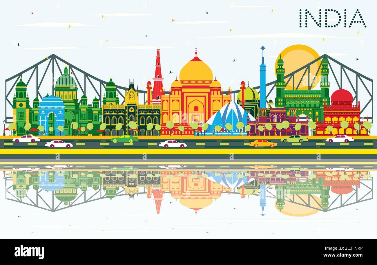 India City Skyline with Color Buildings, Blue Sky and Reflections. Delhi. Hyderabad. Kolkata. Vector Illustration. Stock Vector