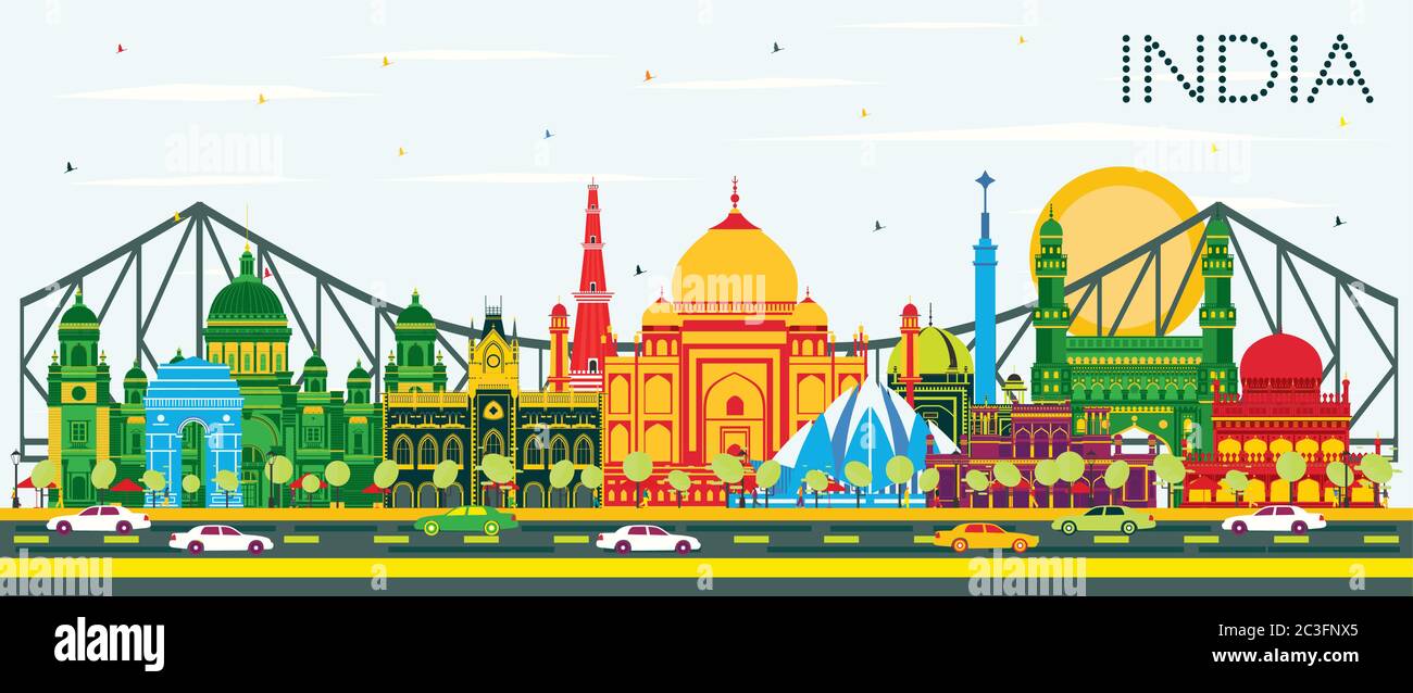 India City Skyline with Color Buildings and Blue Sky. Delhi. Hyderabad. Kolkata. Vector Illustration. Stock Vector