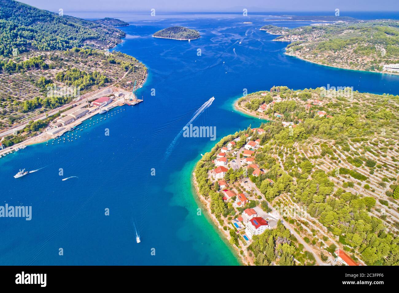 Korcula island. Bay entrance of Vela Luka aerial view, Stock Photo