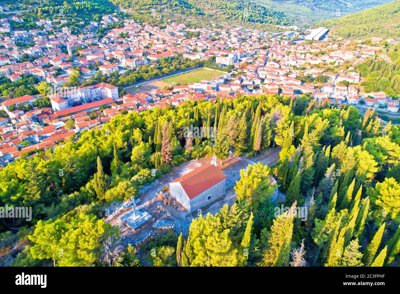 Blato on Korcula island historic town in green landscape aerial view Stock Photo
