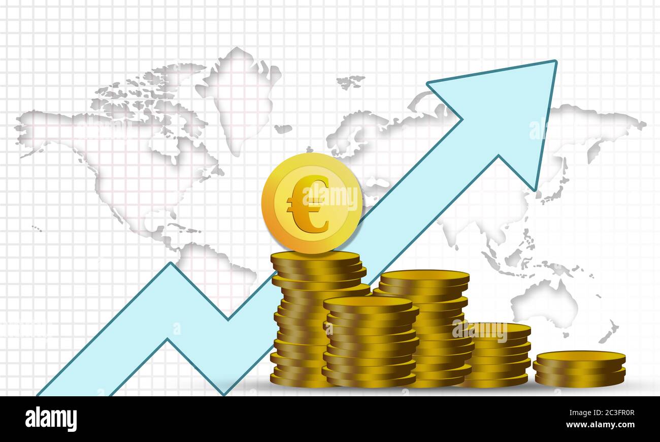 Golden Euro coins with blue arrow, 3d rendering Stock Photo - Alamy