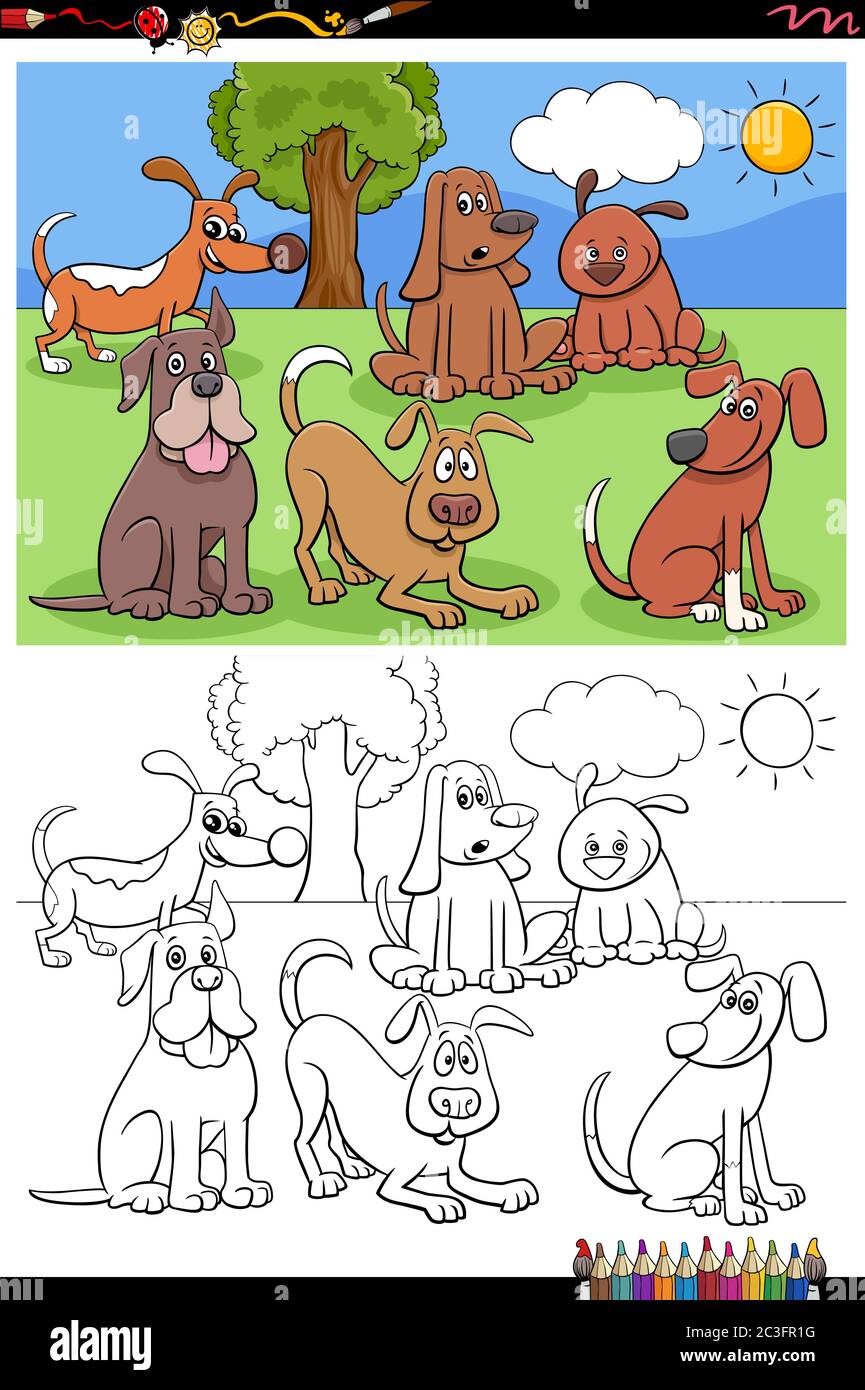 cartoon funny dogs group coloring book page Stock Photo - Alamy
