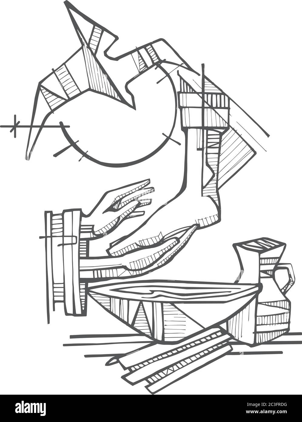 Hand drawn vector illustration or drawing of the biblical scene of Jesus washing the feet of his disciples Stock Vector