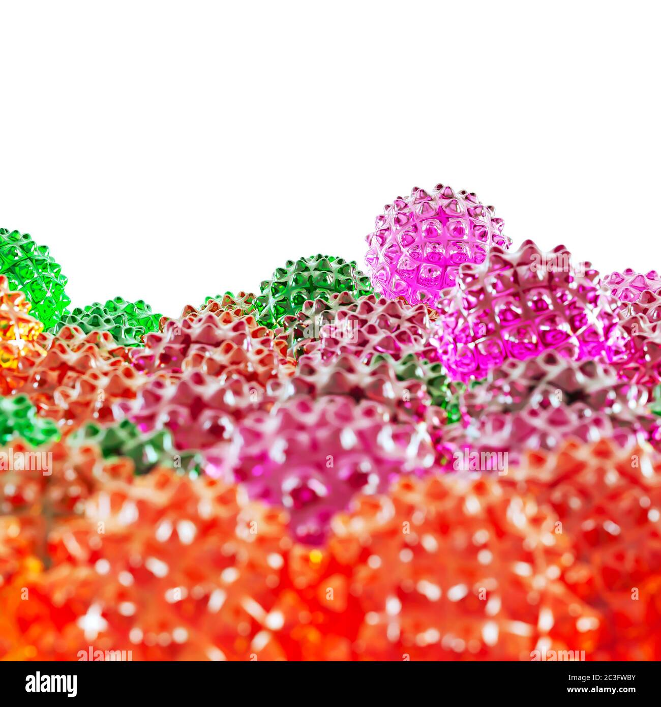 A purple glass ball with spikes rests on other colored balls similar to the covid virus. 3d rendering Stock Photo