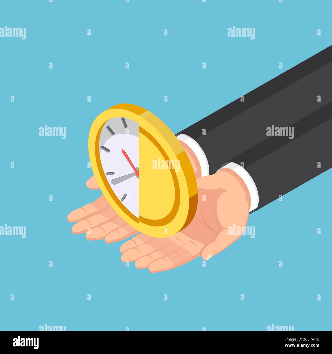 Flat 3d isometric businessman hands holding half of clock and money coin. Time is money concept. Stock Vector