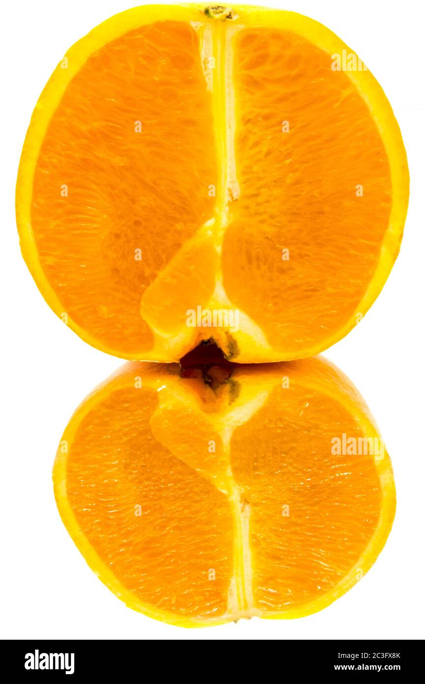 Close up on an orange half with a reflection on a white background Stock Photo