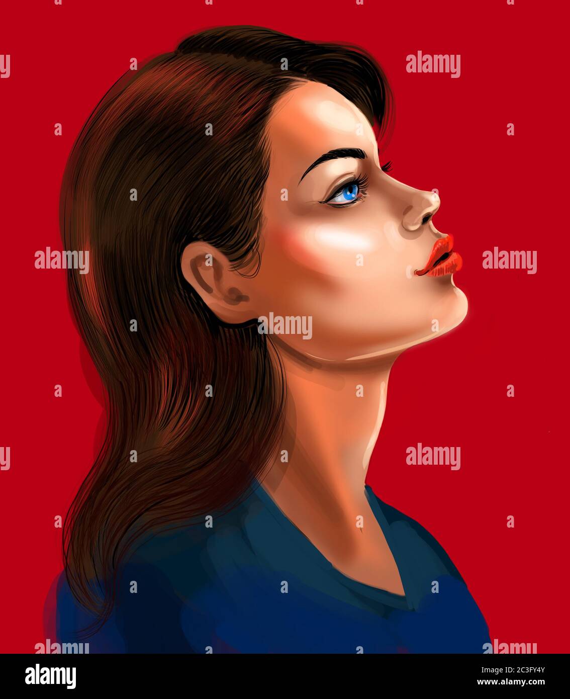 Pretty woman on red background. Digital illustration Stock