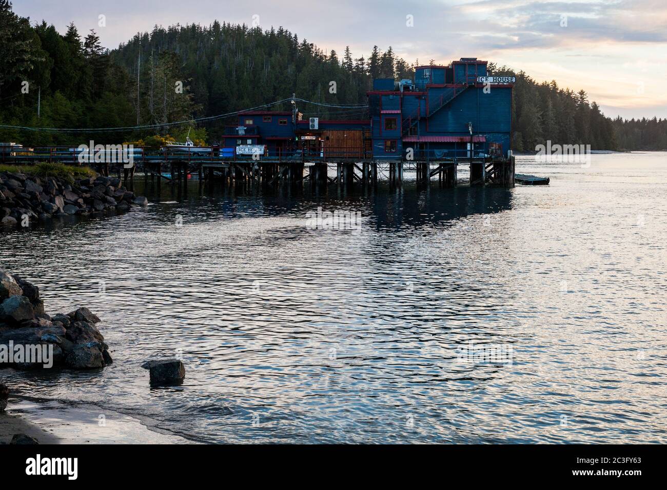 May 23, 2017 -  Tofino, Canada - View of Ice House Restaurant on the Pacific Ocean Stock Photo