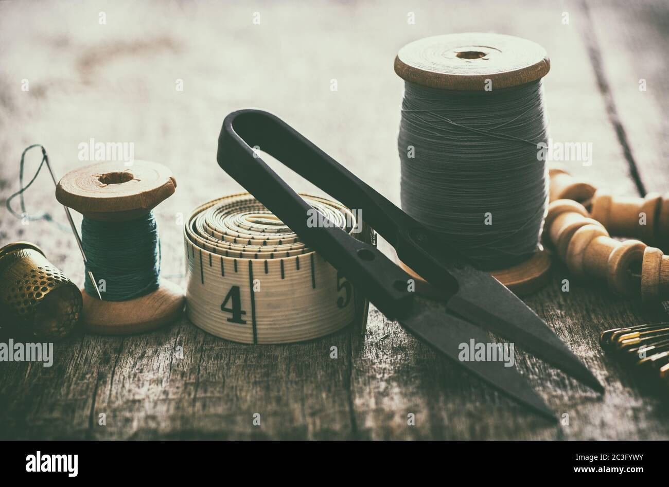 seamstress tape, thimble for sewing Stock Photo