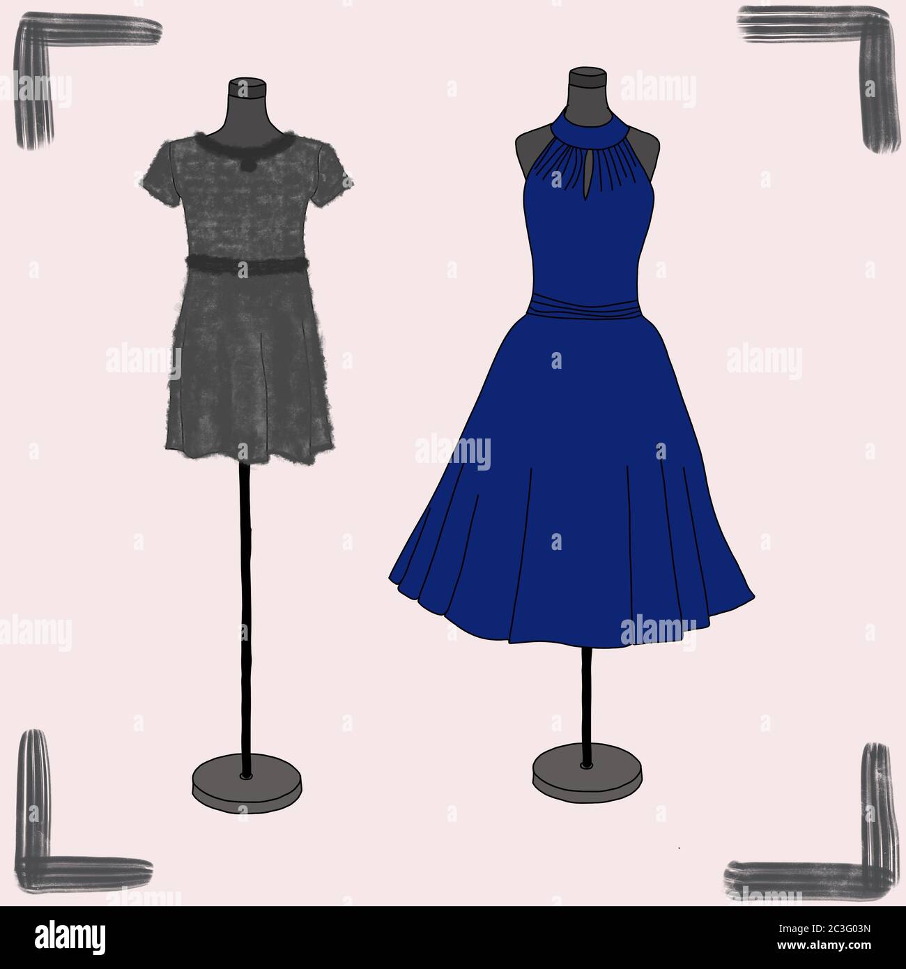 Fashion illustration: two dress forms with dresses Stock Photo